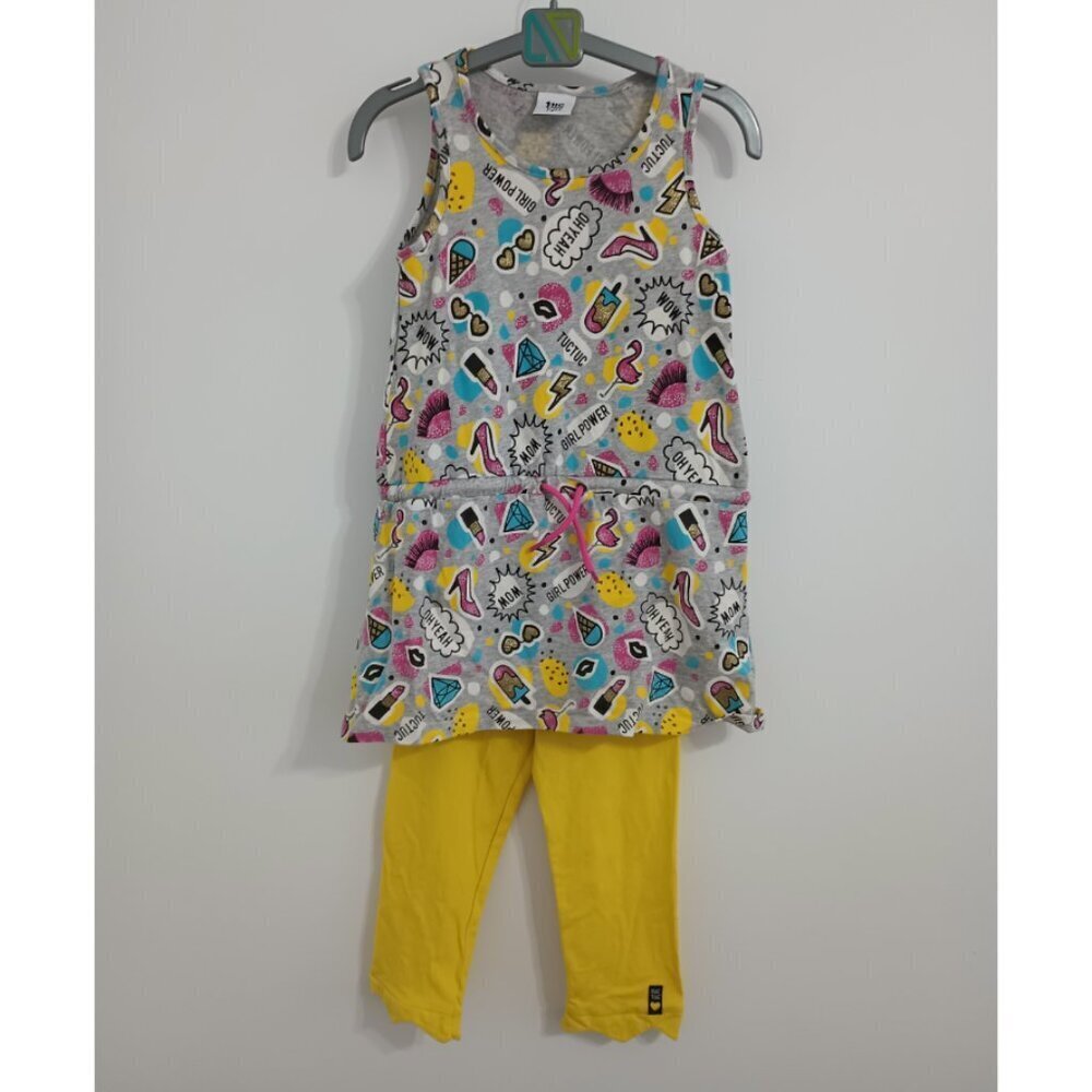 TucTuc sleeveless print dress and yellow capri leggings set size 6
